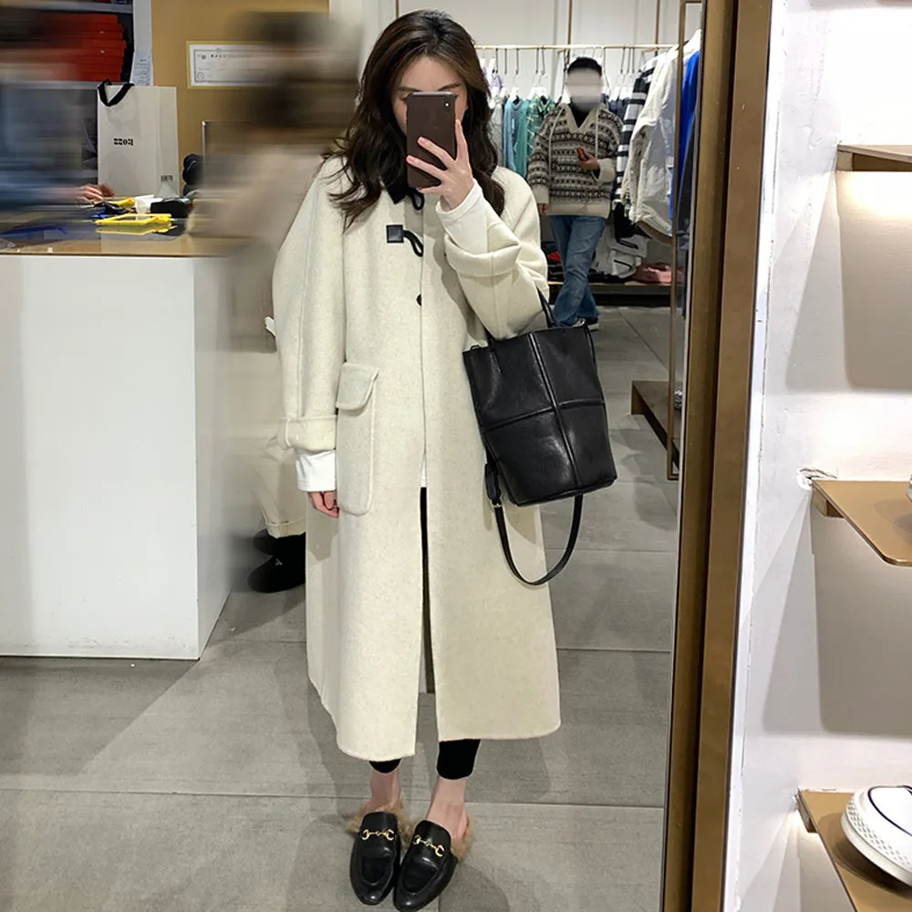 

2022 Korean New Woolen Coat Women Vinateg Horn Button Quilted Lining Wool Blends Jacket Ladies Lapel Office Commuting Overcoat