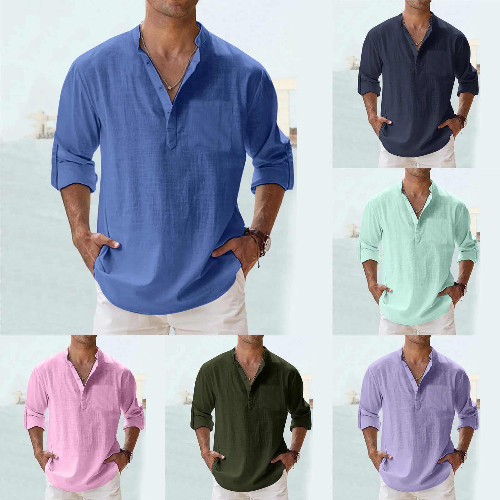 

2023 New Men's Shirt Cotton linen Fashion Casual Polo Neck Half Button Beach Shirt Long Sleeve Solid Holiday Hawaiian Shirts Top