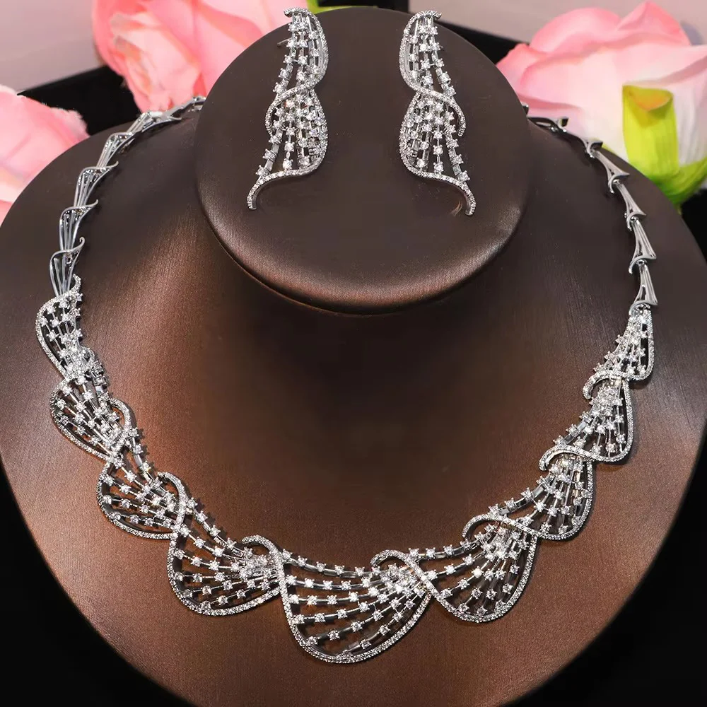 Ensemble de bijoux pour femmes, collier et boucles d'oreilles en zircone cubique, ensemble de bijoux de mariée pour femmes, accessoires pour fête de mariage 1 Ensemble de bijoux pour femmes, collier et boucles d'oreilles en zircone cubique, ensemble de bijoux de mariée pour femmes, accessoires pour fête de mariage 1
