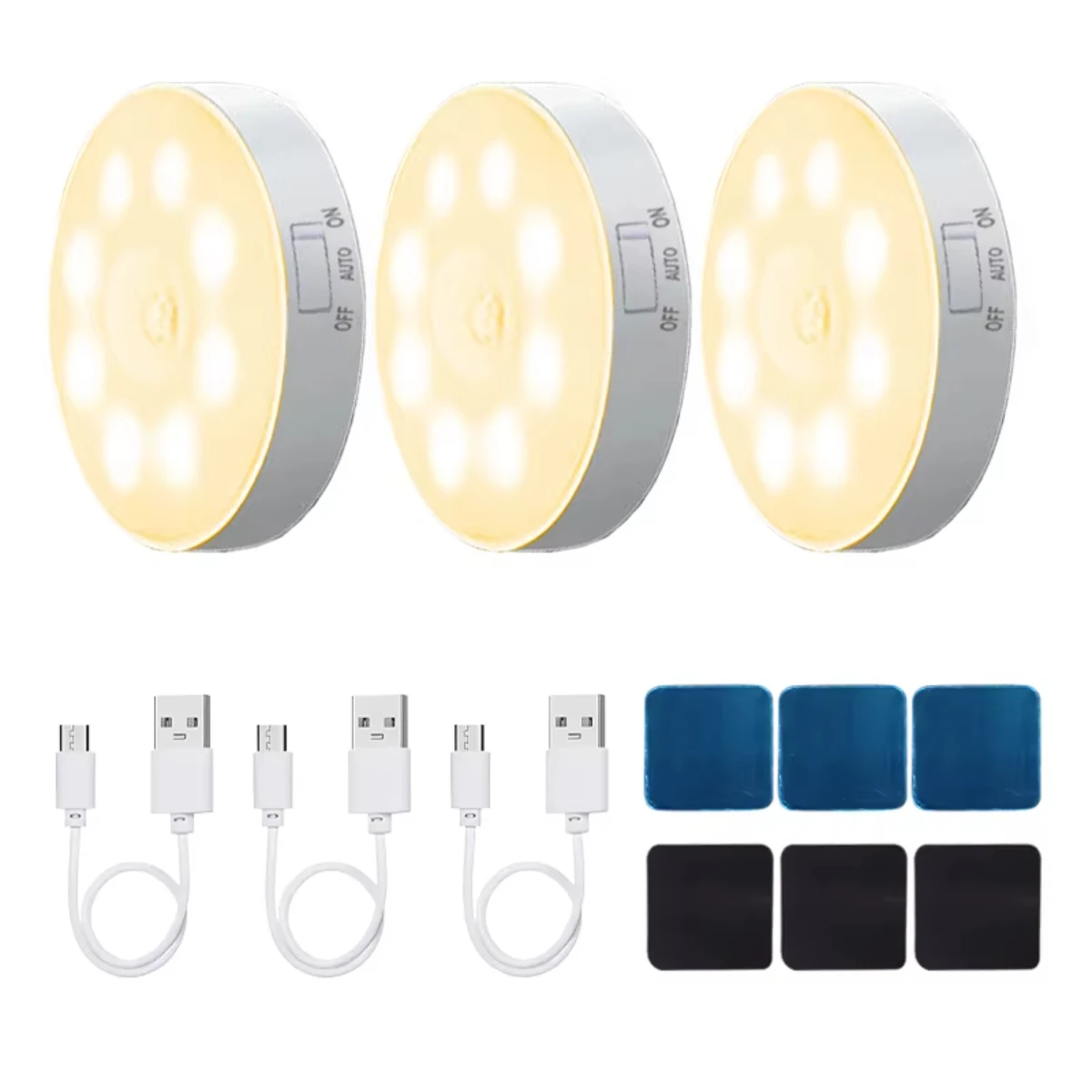 3pcs Motion Sensor Night Light USB Rechargeable Night Lamp Cabinet Wardrobe Lamp Staircase Wireless Closet Light