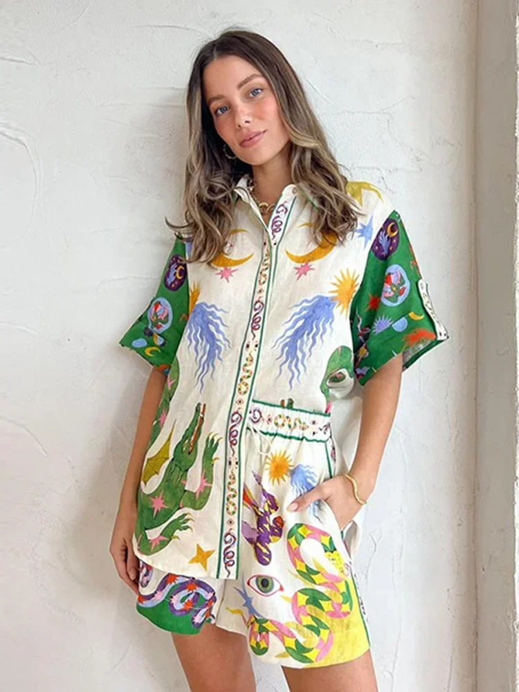 2024 Summer Print Women Shirt Shorts Sets  Beach Holiday Casual Loose Lady Suits Short Sleeve Shirts Elastic Waist Shorts Set