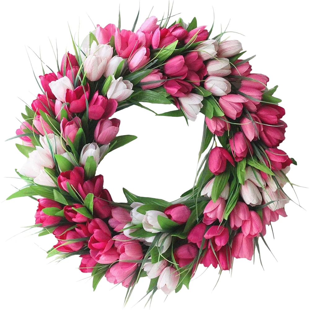 15.7inch Tulip Wreath Artificial Flower Wreath with Tulips Mothers Day Valentine's Wreaths for Wall Window Party Wedding Decor
