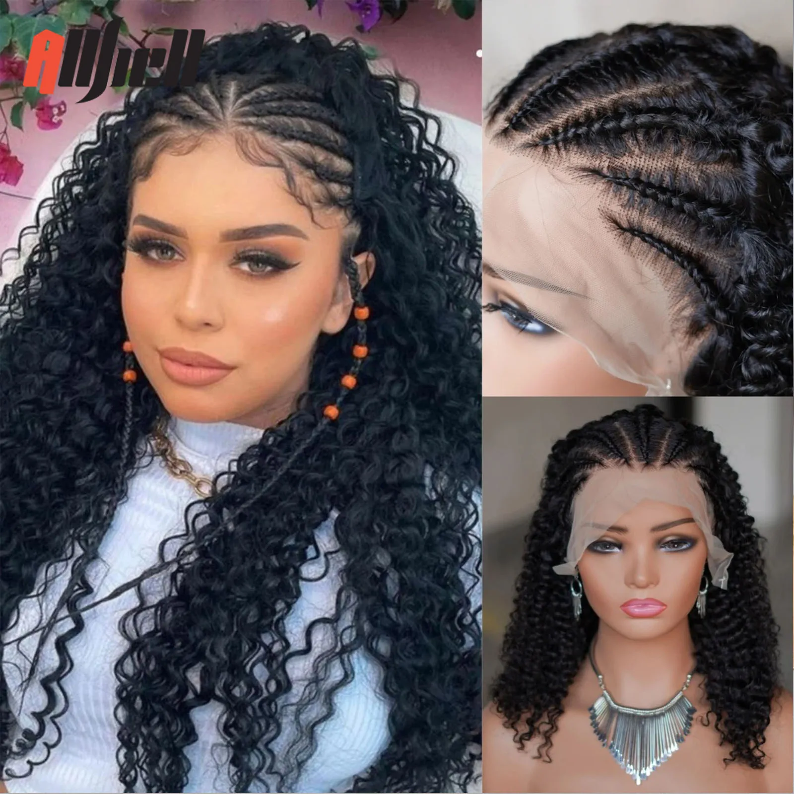 

16 Inches Black Braided Human Hair Black Curly Lace Front Wig For Black Women Long Kinky Curly Braiding Human Hair Wigs