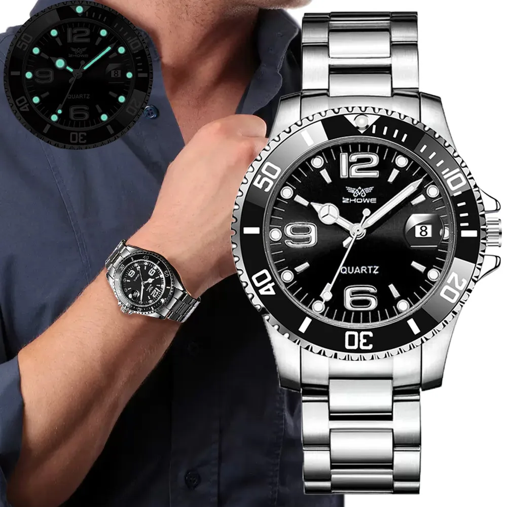 Men Black luxury Brand Sport Calendar Quartz Watch Stylish Silver Stainless Steel Strap Business Men's Clock Wristwatches