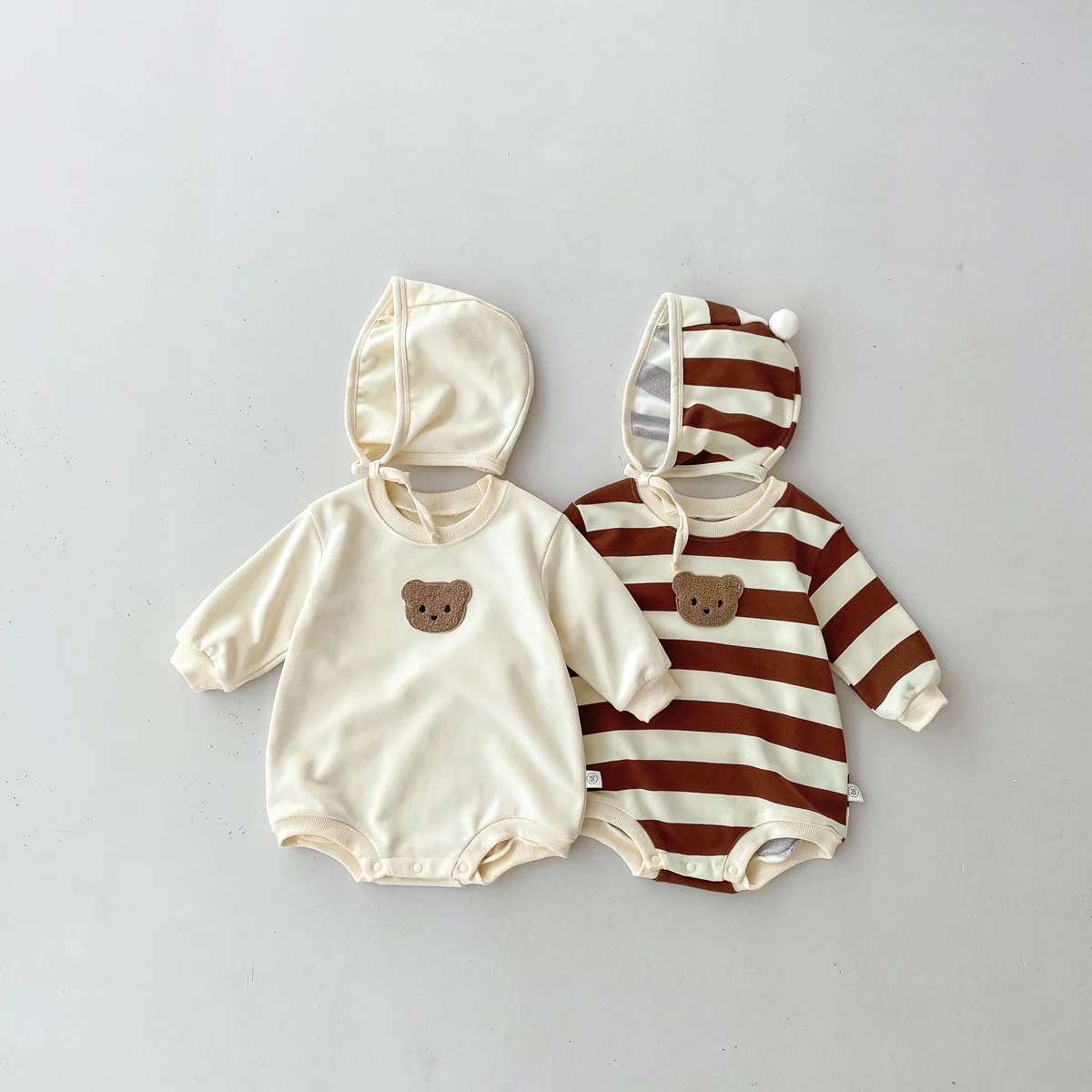 FLM Baby Romper Long Sleeved Bear Pattern + Hat Stripe Toddler Boy  Jumpsuit Baby Clothes 0-24M 4