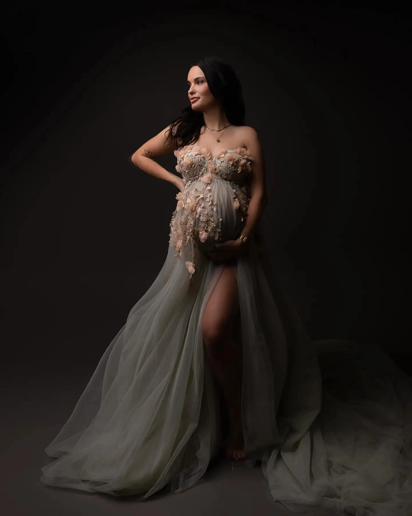Photoshoot Tulle Maternity Dress with Mint Green Appliques 3D Flowers Off Shoulder Pregnancy Dresses for Baby Shower