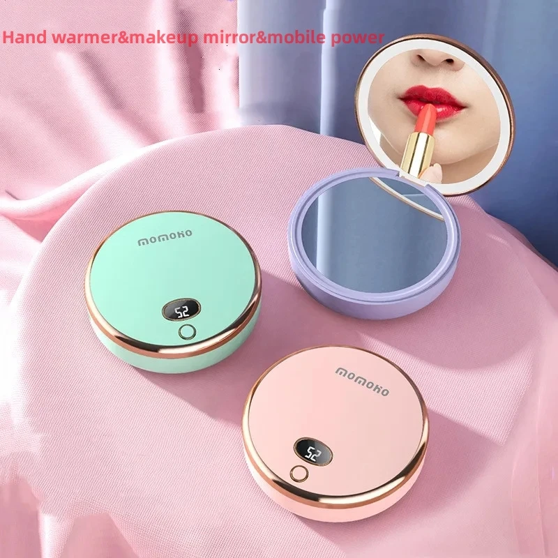 New style 3-in-1 led makeup mirror mobile power portable round mirror hand warmer Christmas gift table bell hand bell service bell bar restaurant call bell christmas dish bell ornament