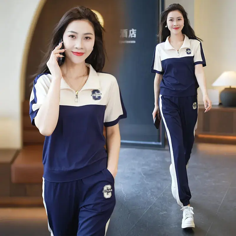 

Summer Causal Sport Sets 2023 Fashion Striped Suits Women Two-piece Set Print Letter Polo-Neck Tops+ Long Pants Oversized 6XL