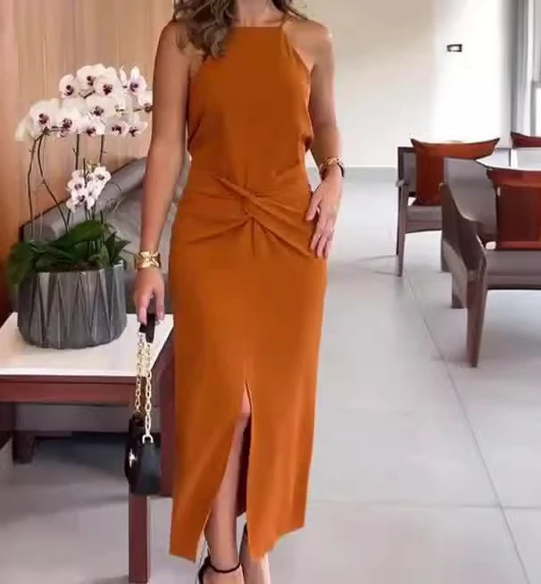 

Womens Dresses 2024 Summer Fashion New Solid Color Pleated Sleeveless Strap Wrapped Hip Temperament Elegant Split Long Dress