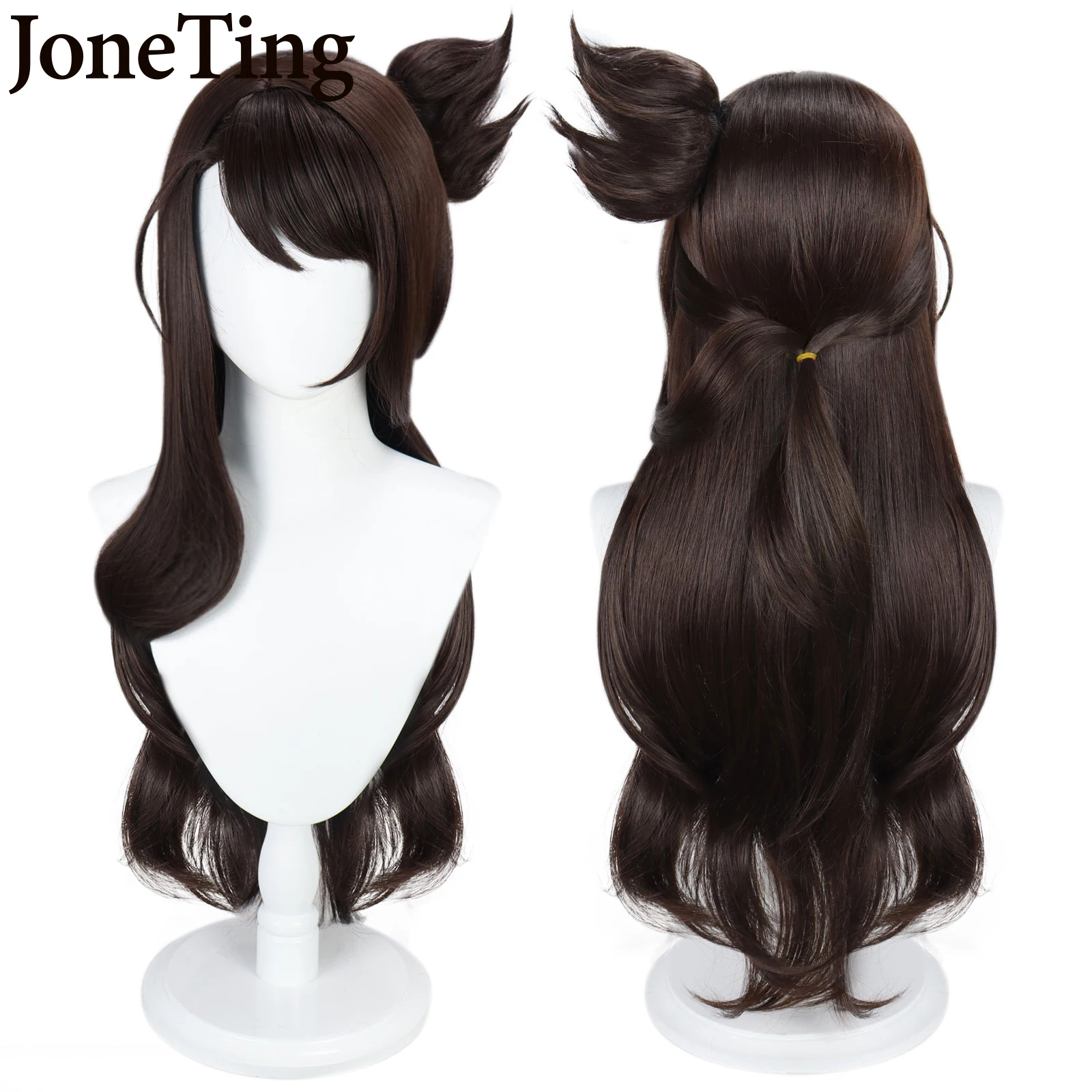 JT Synthetic Beidou Cosplay Wigs Game Genshin Impact Wig Removable Bun Brown Long Straight Wig with Bangs Halloween Party shangke synthetic red black blonde white lolita wigs for women long straight wig with bangs genshin impact cosplay wig