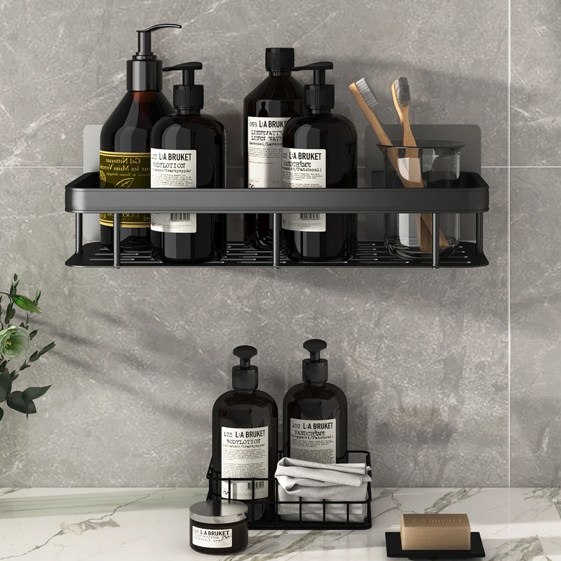 Black Aluminum Bathroom Shower Corner Shelf with Hook Bar Shampoo