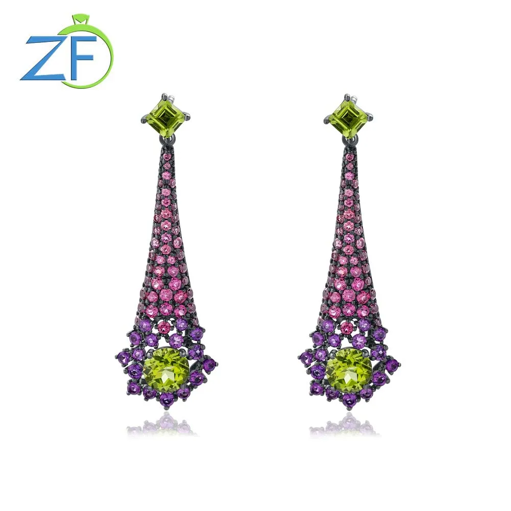 

GZ ZONGFA Pure 925 Sterling Silve Colorful Drop Earrings for Women Natural Amethyst Peridot Gems3.2ct Luxury Party Fine Jewelry