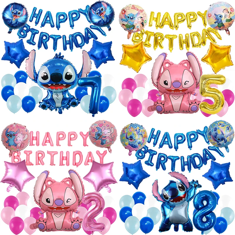 

NEW Cartoon Disney Blue Pink Lilo&Stitch Theme Happy Birthday Party Supplies Disposable Tableware Set Balloon Baby Shower Gift