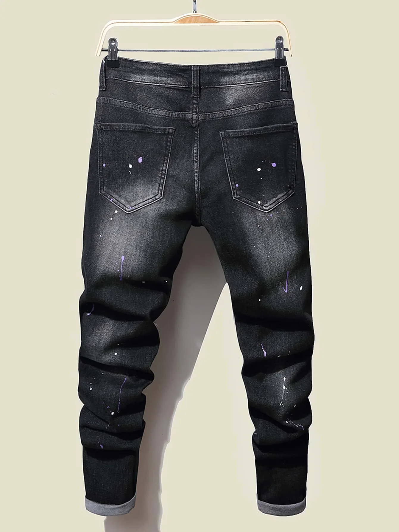 New Men's Slim Jeans With Ripped Tassel Holes And elastic Paint Spray Black Stitching Beggar Pants men designer jeans for men