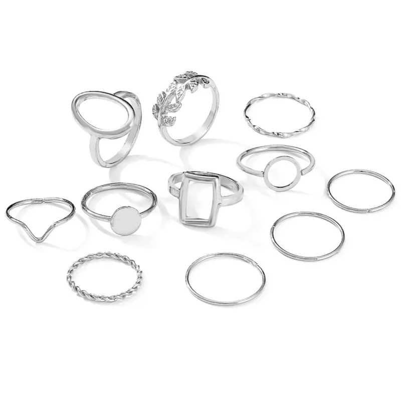 11pcs/set Creative Geometric Leaves Open Rings for Women Geometric Trendy Ring Party Jewelry Accessories Wholesale