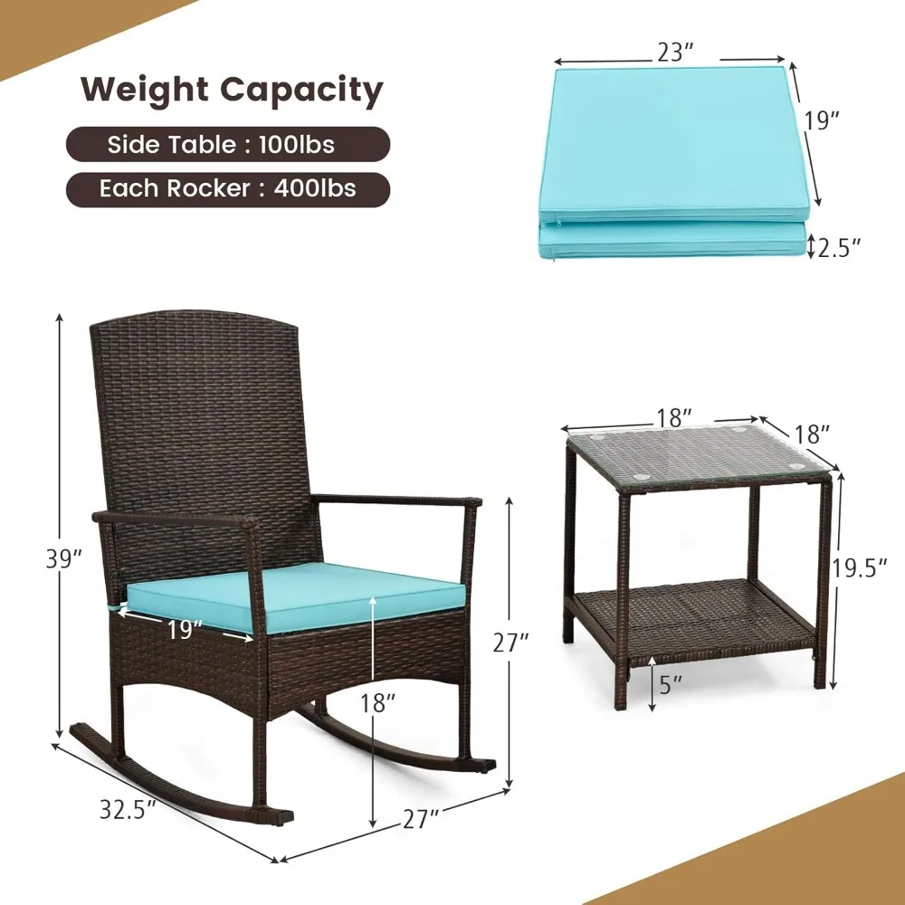 3 Pieces Rocking Wicker Bistro Set, Outdoor Front Porch Rocker Chairs Conversation Set with 2-Tier Tempered Glass Coffe 3