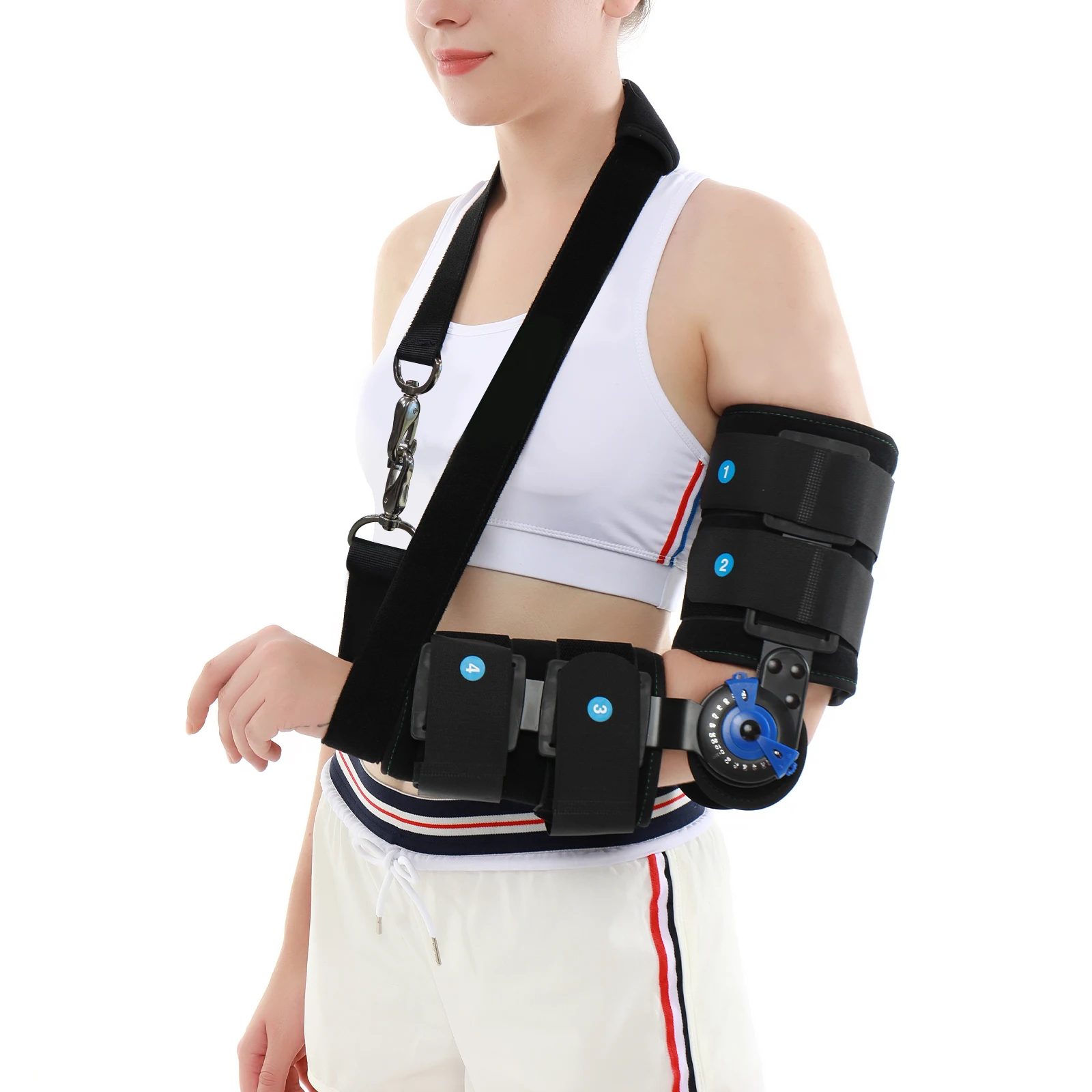 스트랩이 있는 힌지 롬 팔꿈치 브레이스, 조절 가능한 팔꿈치 슬링 스태빌라이저 부목, 남성 및 여성용 수술 부상 회복 통증 완화