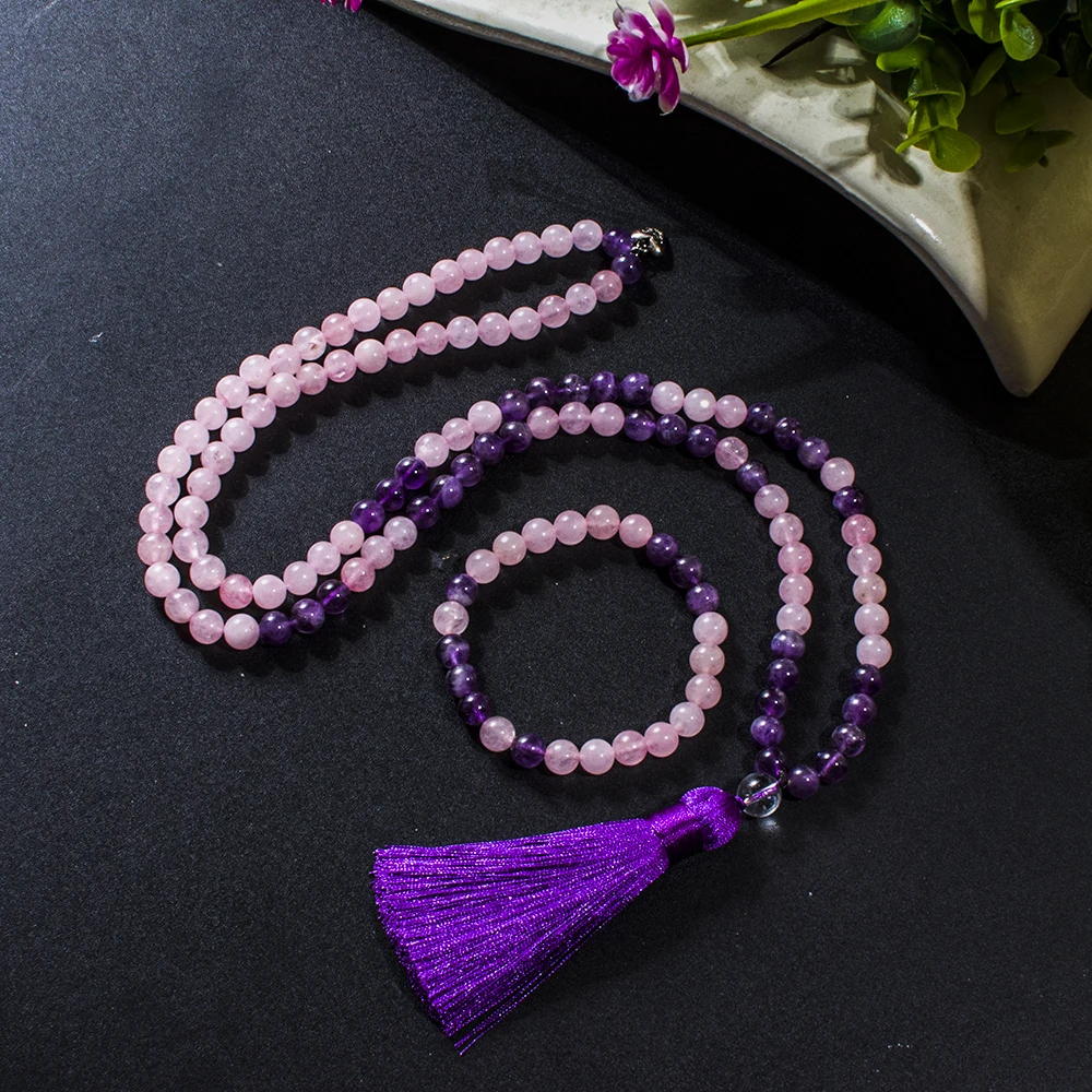 

8mm Rose Quartz Amethyst Beads 108 Mala Necklace Bracelet Set Meditation Yoga Prayer Japamala Jewelry for Women
