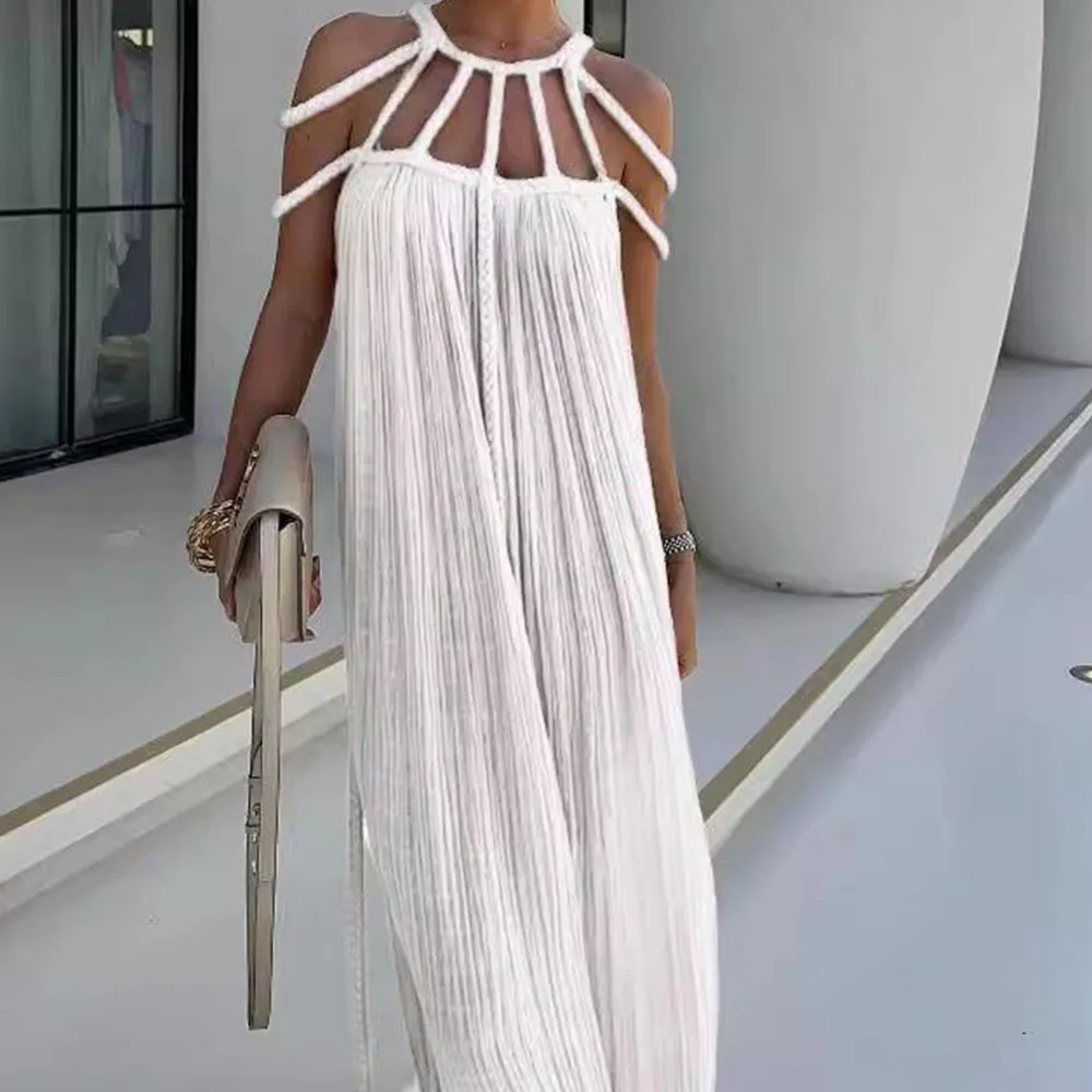 

Women 2024 Summer Sexy Rope Off Shoulder Long Dress Fashion Halterneck Loose Vacation Beach Dress Hollow Out Lace Up Clothes