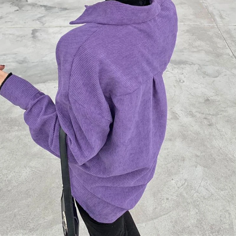 Purple Women Corduroy Long Sleeve Shirts Y2k Autumn Winter Vintage