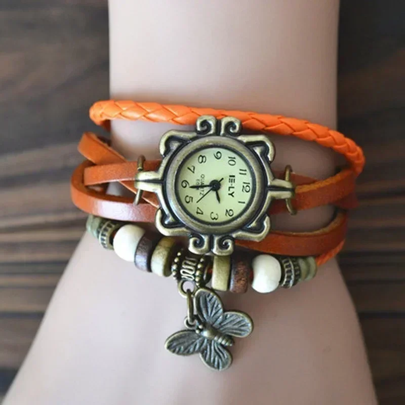 Vintage Hand Woven Leather Watch Fashionable Leather Wrapped Butterfly Pendant Quartz Watch Vintage High-quality Bracelet Watch