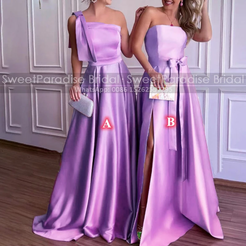 

Lavender Satin A Line Bridesmaid Dresses One Shoulder Side Split Long Wedding Party Dress Maid Of Honor For Women