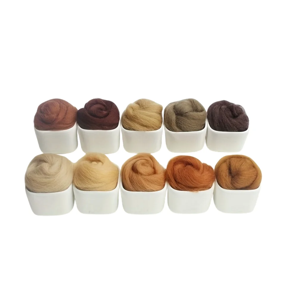 Felting Wool Fibre 10 colors brown Animal series Wool Fibre Wool Roving for Needle Felting Hand Spinning DIY materials 5g/10bag