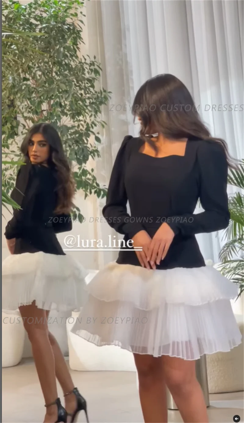 Black/White Short Tiered Prom Dresses Full Sleeves Simple Formal Evening Dresses Organza Wedding Party Dress vestidos de gala