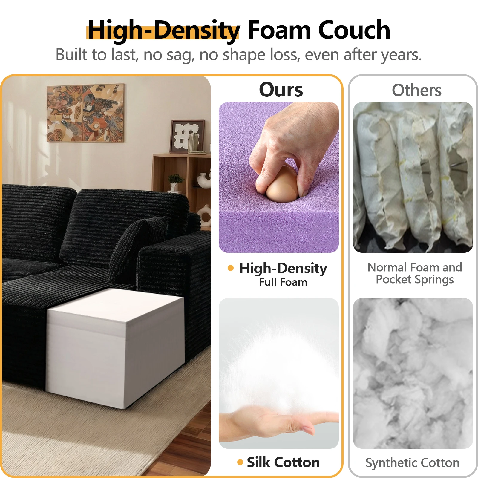 Oversized L Shaped Couch With Chaise, Minimalist Compressed Boneless Couch No Assembly Required, Modular Cloud Sectional Sofa Fo 3