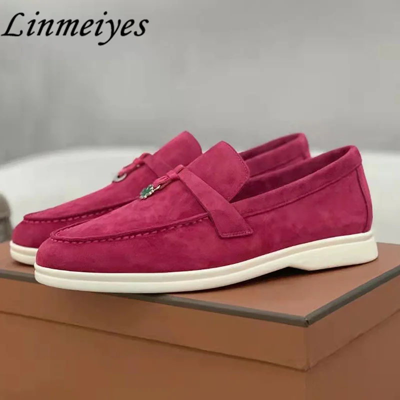 

New Metal Decoration Loafers Shoes Woman Kid Suede Flat Shoes Female Round Toe Flat Shoes Summer Comfort Casual Shoes Women