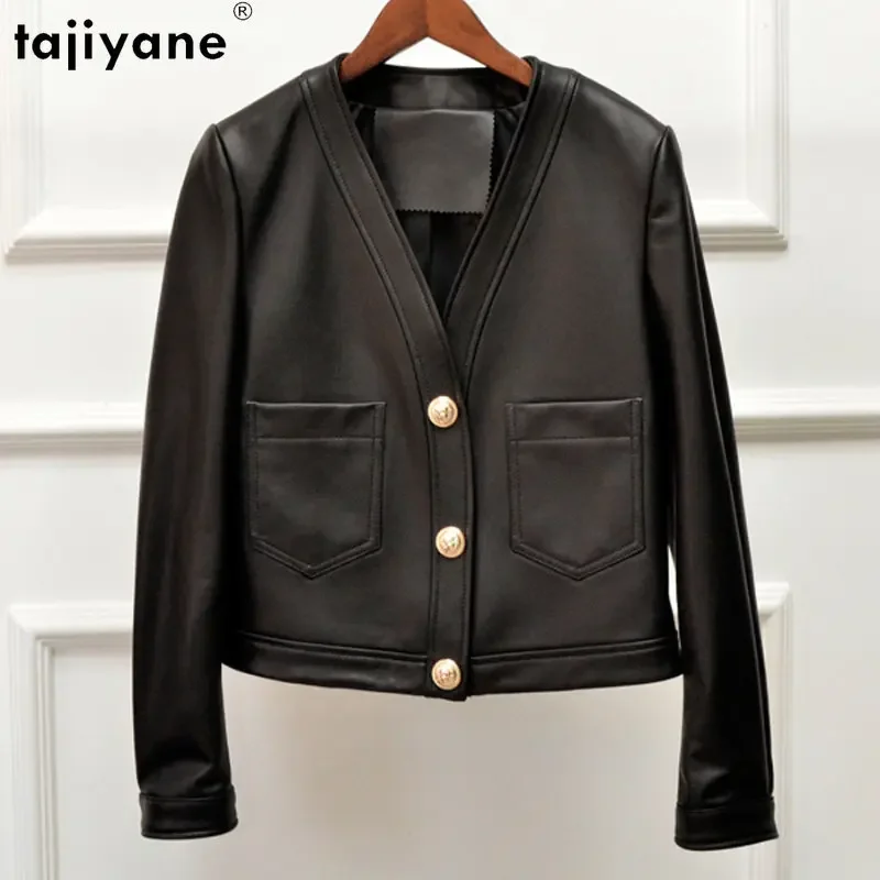

Tajiyane Genuine Sheepskin Leather Jacket Women 2023 Short Slim V-neck Leather Jackets Spring Autumn Real Leather Coat Outwear