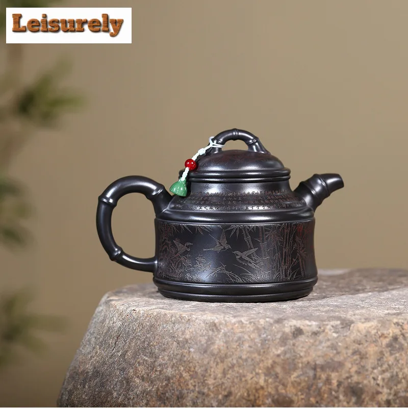 600ml Creative Yixing Purple Clay Teapot Handmade Bamboo Tripod Pot Raw Ore Stone Yellow Mud Tea Making Kettle Zisha Teaset Gift