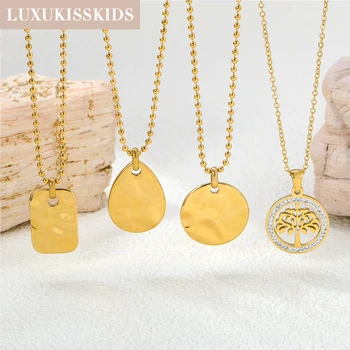 LUXUKISSKIDS Stainless Steel Necklace Round Circle Pendant For Women/Men Geometric Gold Color Clavicle Bead Choker DIY Customize