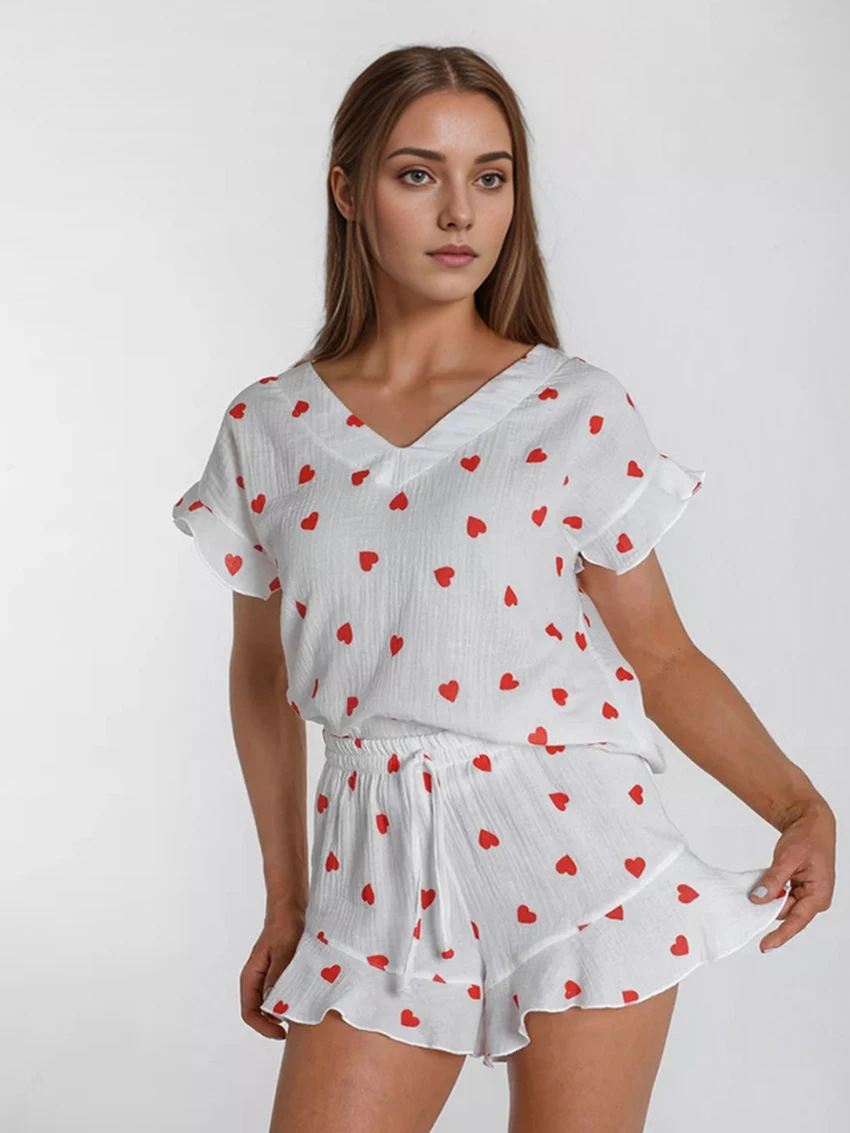 Marthaqiqi Printing Women'S Nightie 2 Piece Set Sexy V-Neck Sleepwear Short Sleeve Nightgowns Shorts Casual Female Home Clothes