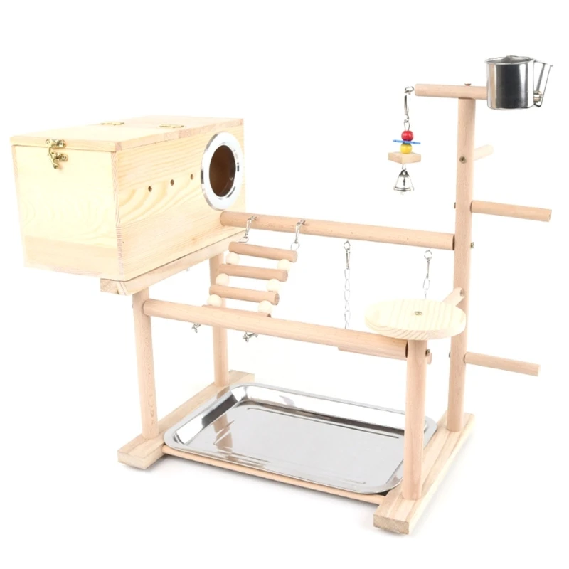 

Bird Perch Wood Stand Toy Parrot Playstand with Feeding Cups Nesting Box