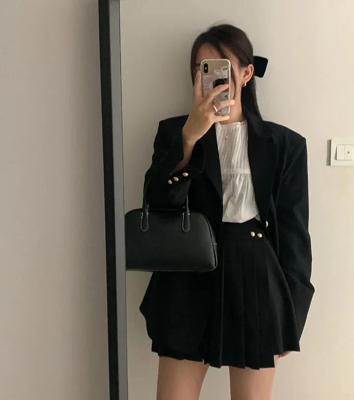 Korean Chic Two-piece Skirt Set Women Single Breasted Blazer Loose Jacket Solid Pleated Mini Skirt Autumn Office Lady Outfits