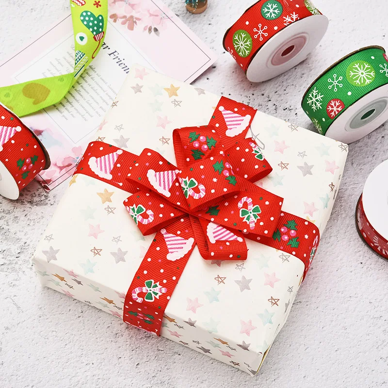 10mm Christmas Ribbon Printed Christmas Polyester Ribbon for Handmade Design Decoration DIY Gift Packing 5yards