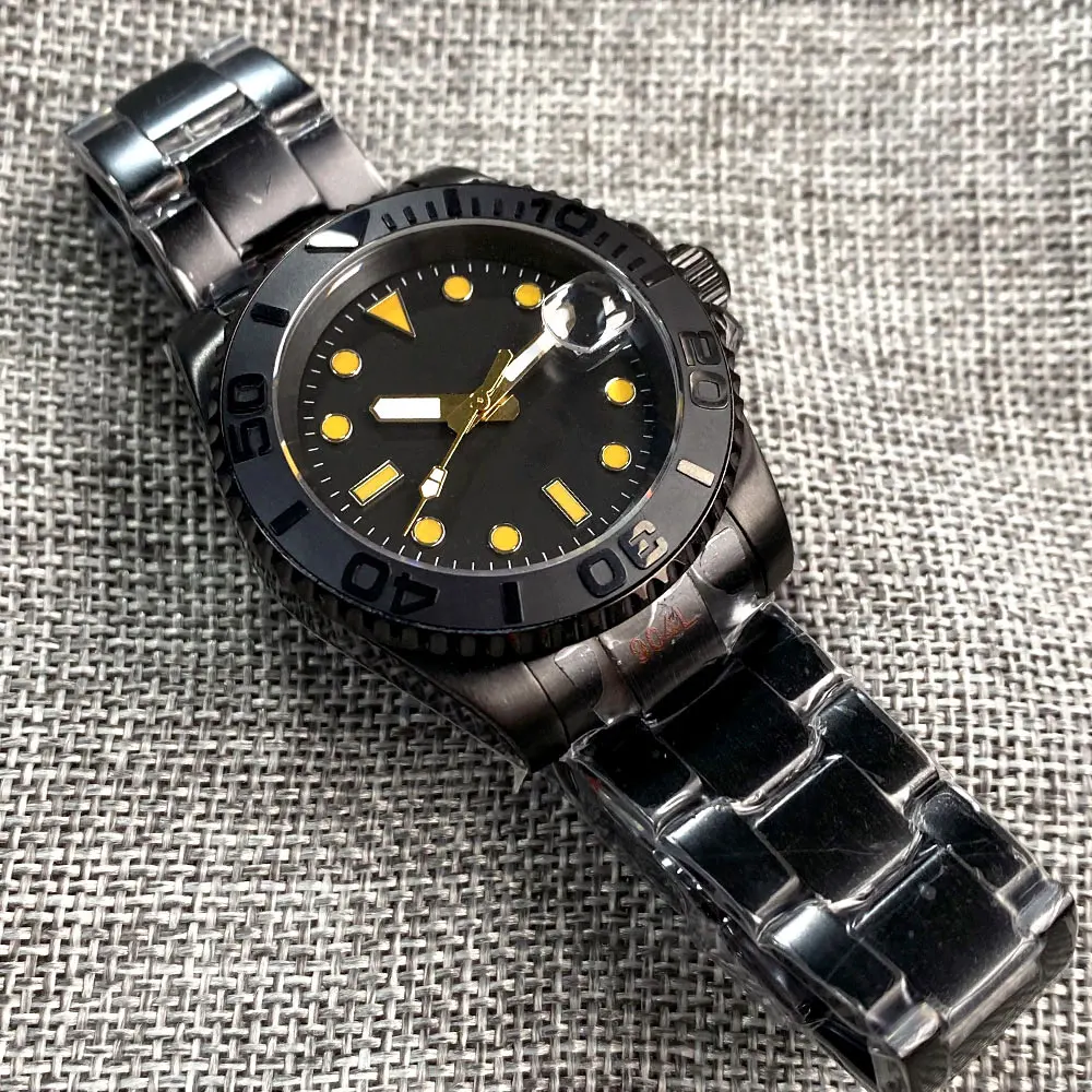 BLIGER 40mm Japan NH35A Black PVD Automatic Men Luxury Diving Watch Date Luminous Black Ceramic Bezel Date Glass Back Screw Down