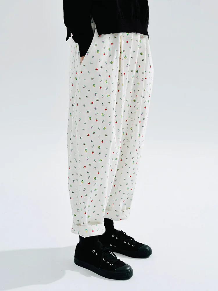 IMAKOKONI original design elastic waist floral casual pants pocket fashion nine minute long pants 234280