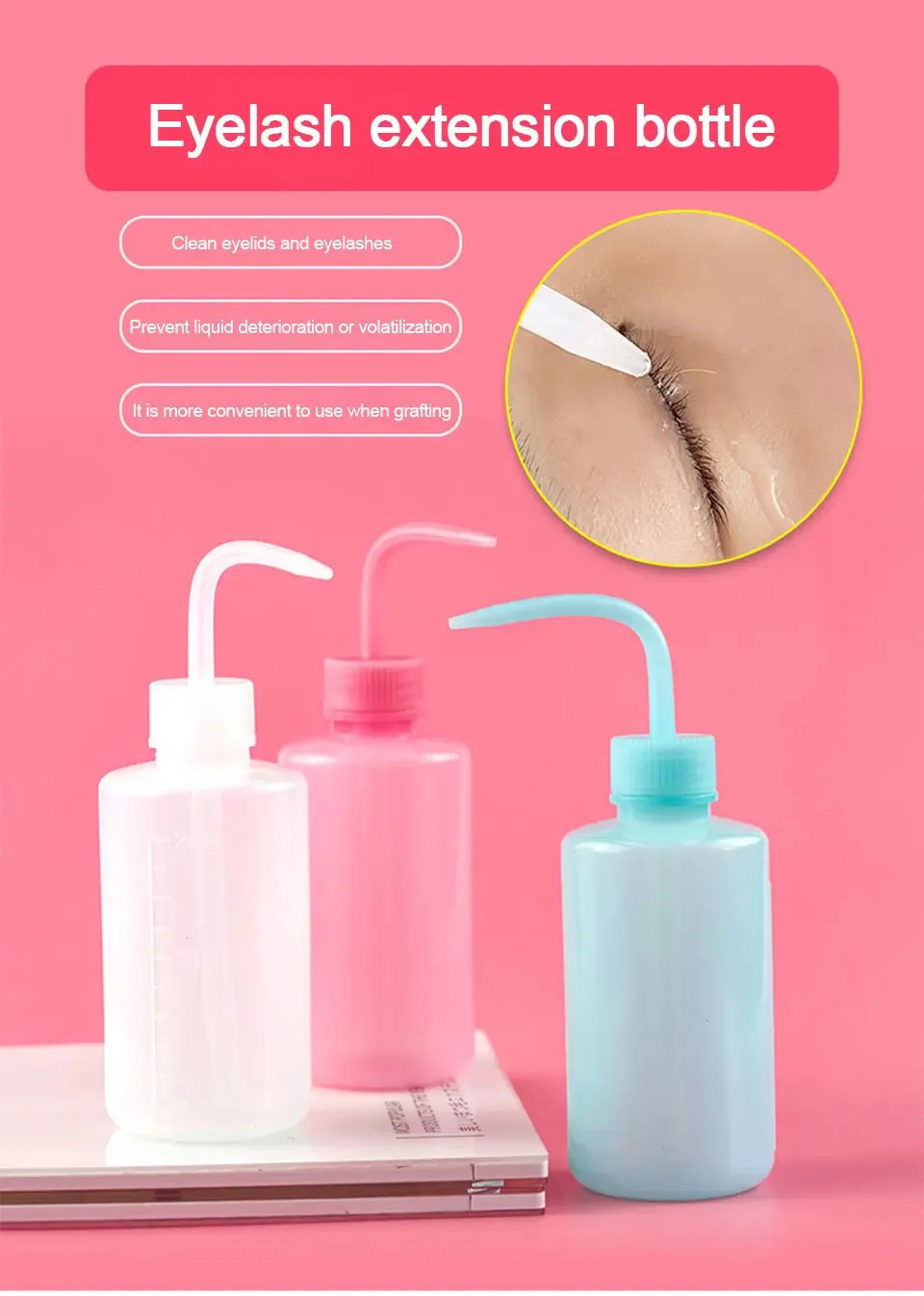 Description Picture 2 of item250/500ml Eyelash Cleaning Washing Bottle Curved Spout Cleaner Waterproof Eyebrow Remover Bottle Eyelash Extension Makeup Tool