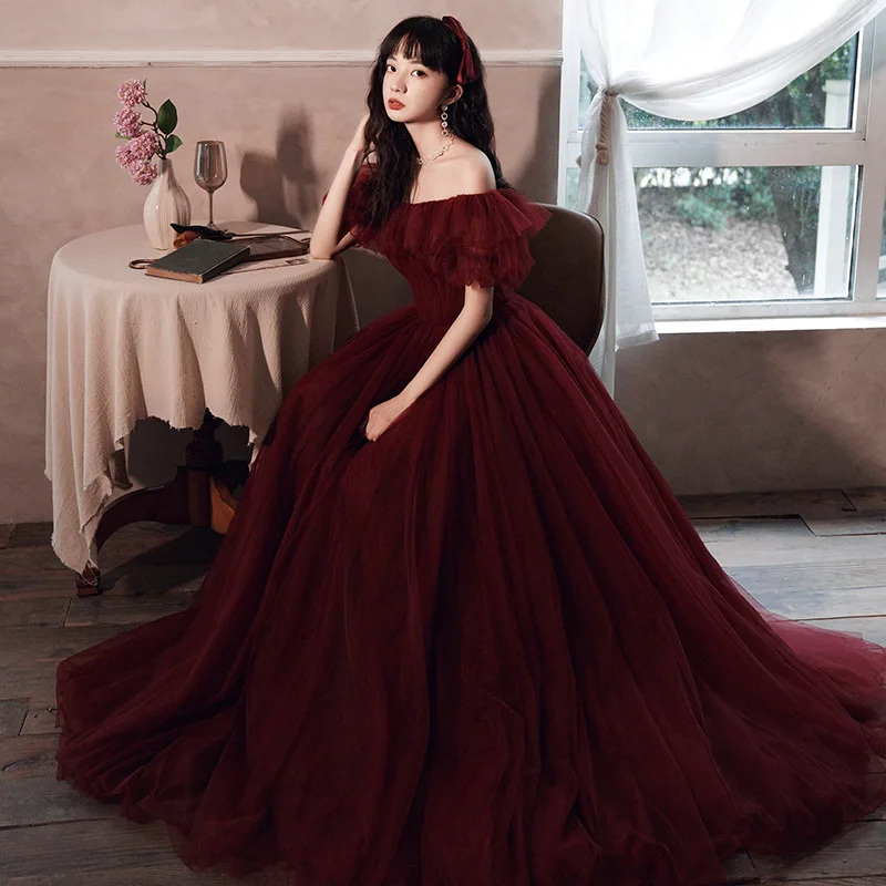 Elegant Ball Gown Burgundy Long Organza Prom Dresses – Angrila