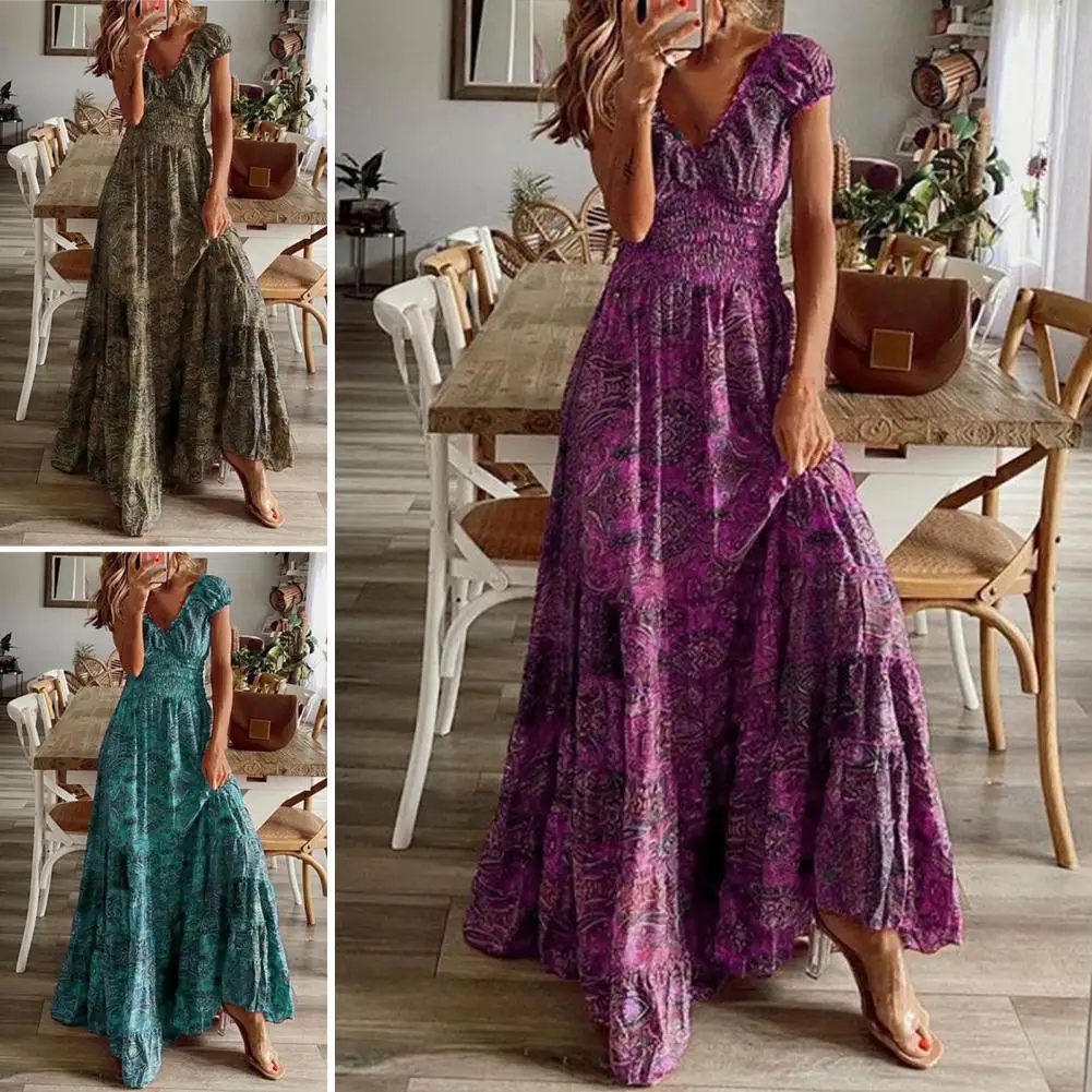 Abiti Lunghi Vintage Estivi Donna 2023 Bohémien Elegante Stampa Floreale Abito Con Scollo A V Beach Holiday Casual Big Swing Maxi Abiti