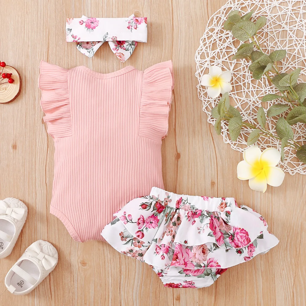 Baby Clothing Set discount hibobi Baby Girl Clothes Set Flower Print Girls Ruffle-sleeve Romper Summer Bodysuit Floral Pattern Shorts Headband Set 3Pcs small baby clothing set	