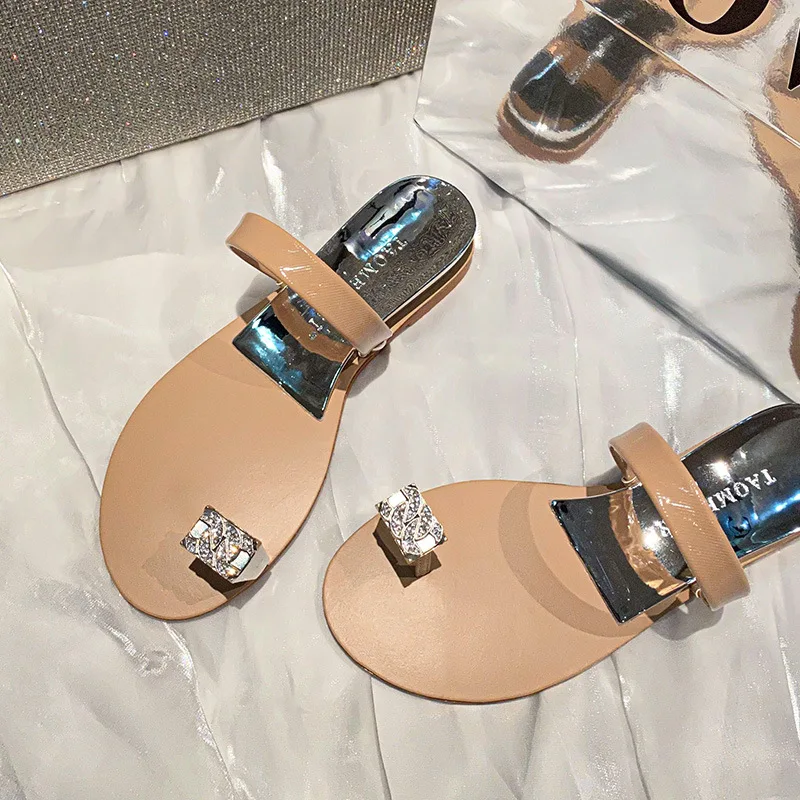 

Women Beach Narrow Brand Rhinestone Toe Shoes Ladies Elegant Summer Slipper Low Heel Slides Outsides Slipper Sandals Size 34-43