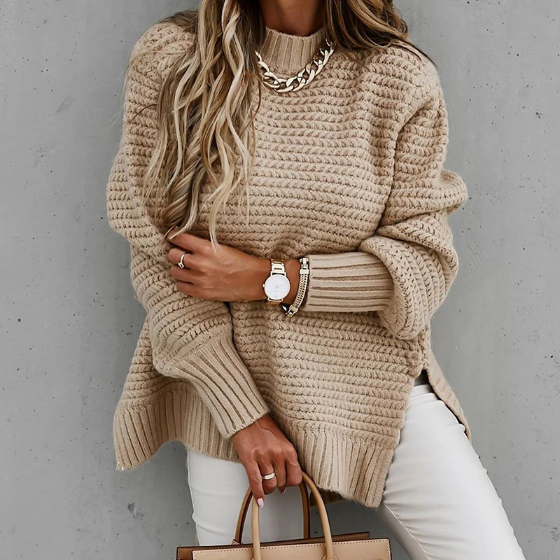 

Fashion Simple Solid Color Women Street Sweater 2023 Winter Mock Neck Long Sleeve Casual Loose Side Slit Office Ladies Pullovers