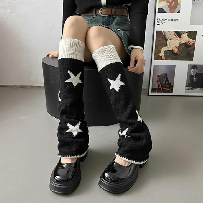 

Combhasaki Women's Y2K Vintage Kawaii Knitted Leg Warmers Cute Star Print Knee High Socks Boot Cuffs Japanese Slouch Socks