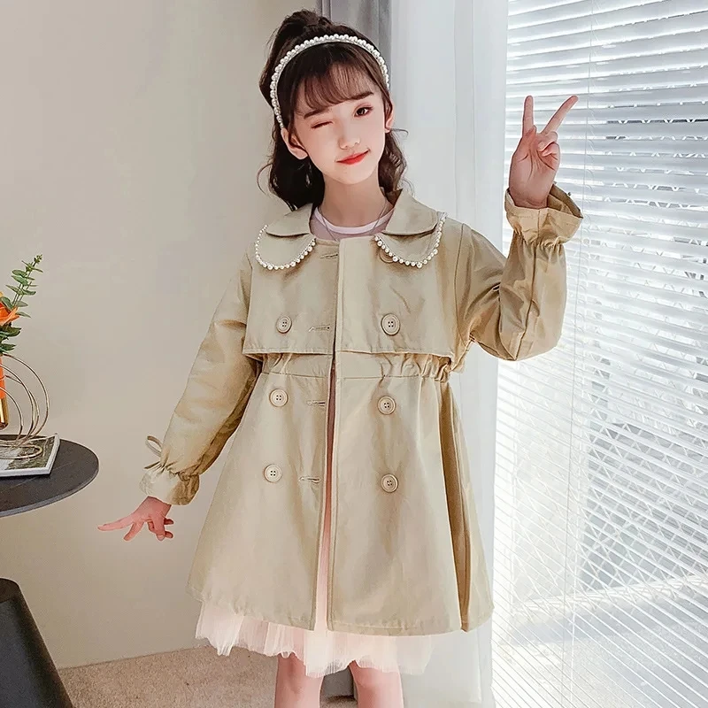 여아용 롱 바람막이 재킷, 한국 스타일 트렌치 코트, 어린이 겉옷, 4-14 세 패션, 2024 용수철 가을 신상