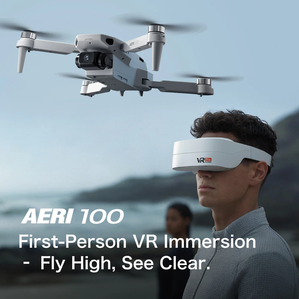 Vue en contre-plongée du drone FPV avec flux optique et lunettes VR Aeri100 survolant un paysage urbain lors d'un simulateur de vol.