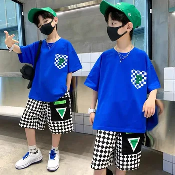 Fashion Boys Clothing Set Summer Teenage Short Sleeve Clothes Suit Letter T-shirt Plaid Shorts 2Pcs Children Loungewear Outfits 2