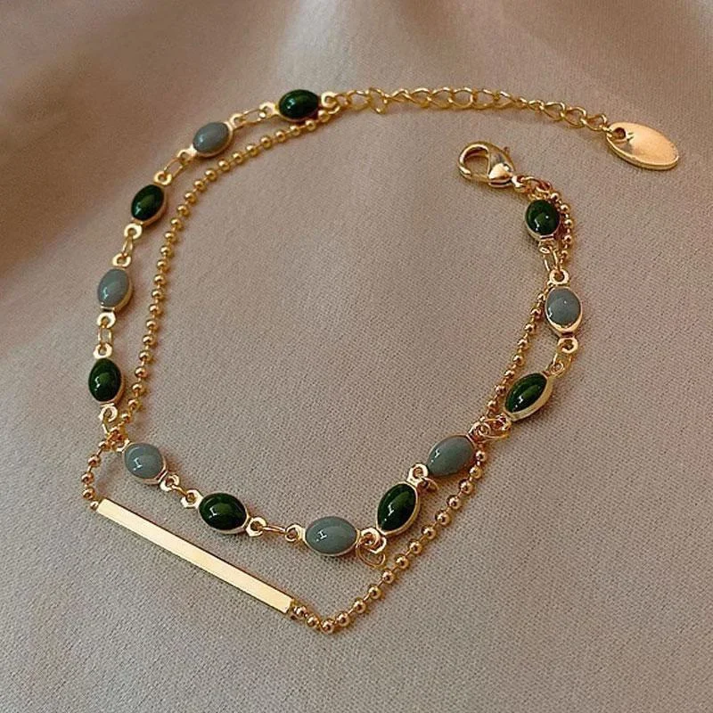 Crystal Bracelet Accessories For Women Crystal Charm Bracelets Gold Color Beaded Chain Double Layered Adjustable Bracelet Jewelry Gift
